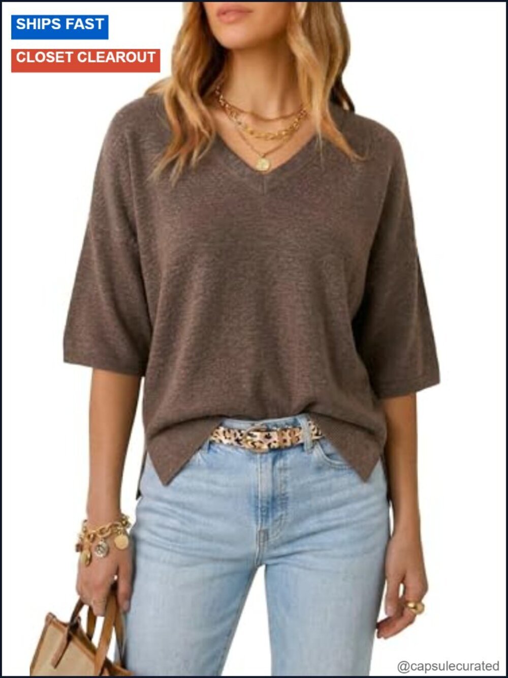 Women's Wool Blend Elbow Sleeve Oversized Casual Pullover Sweater